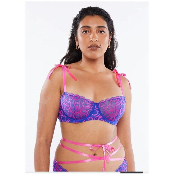 Savage X Fenty Ribbon Writing Unlined Lace Balconette Bra 44D Dreamy Blue Pink - Picture 7 of 8